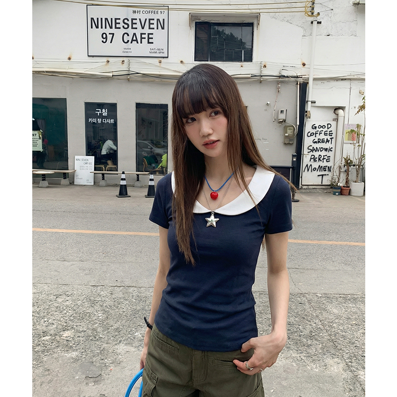 實拍實價#韓系藏藍色娃娃領正肩短袖t恤女2026夏季新款休閑短款