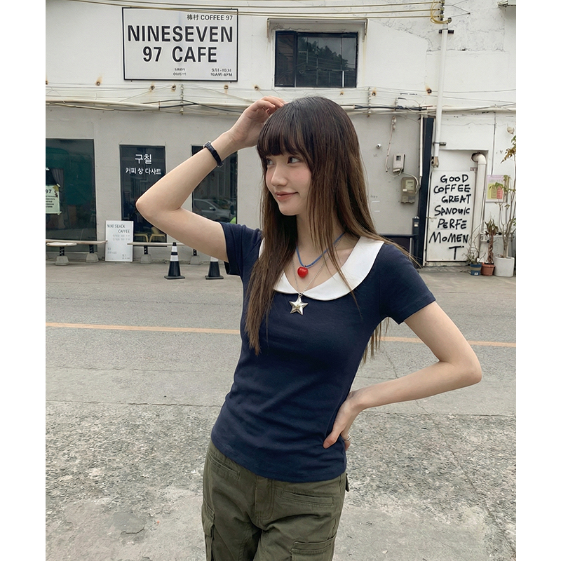 實拍實價#韓系藏藍色娃娃領正肩短袖t恤女2026夏季新款休閑短款
