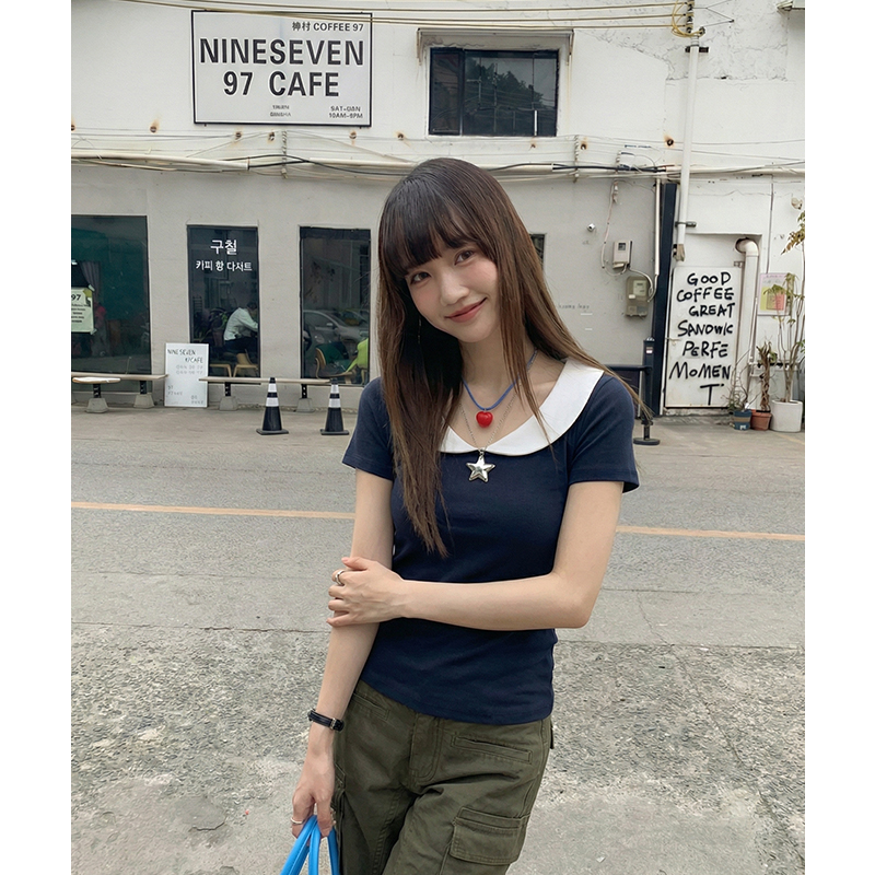 實拍實價#韓系藏藍色娃娃領正肩短袖t恤女2026夏季新款休閑短款