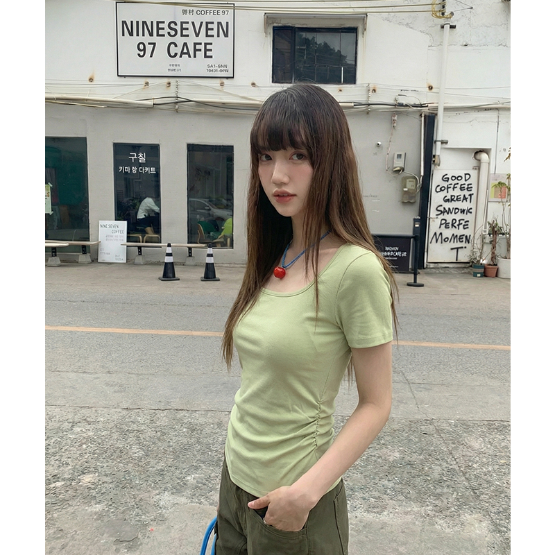 實拍實價#黃色方領正肩短袖t恤女春韓系百搭顯瘦修身短款褶皺收腰