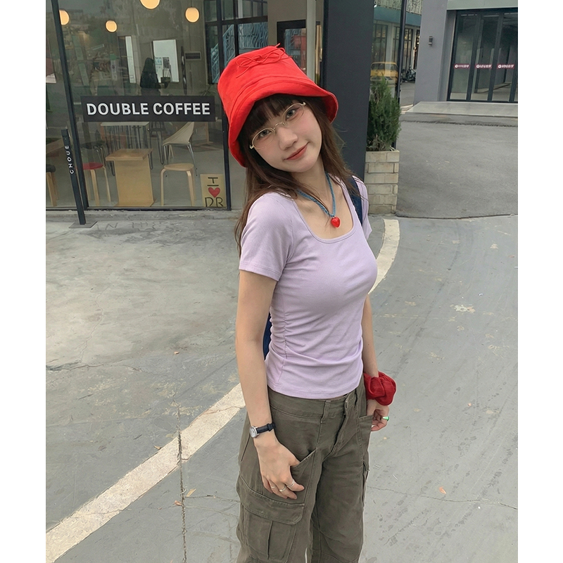 實拍實價#黃色方領正肩短袖t恤女春韓系百搭顯瘦修身短款褶皺收腰
