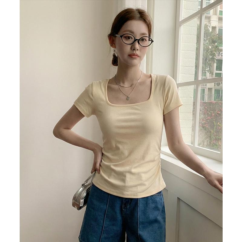 實拍實價#黃色方領正肩短袖t恤女春韓系百搭顯瘦修身短款褶皺收腰