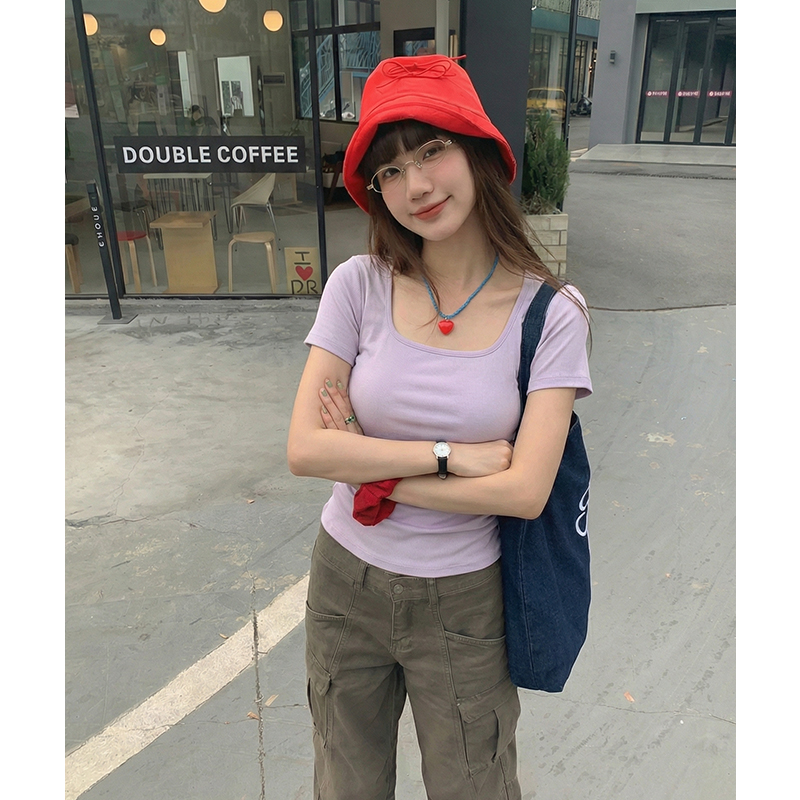 實拍實價#黃色方領正肩短袖t恤女春韓系百搭顯瘦修身短款褶皺收腰
