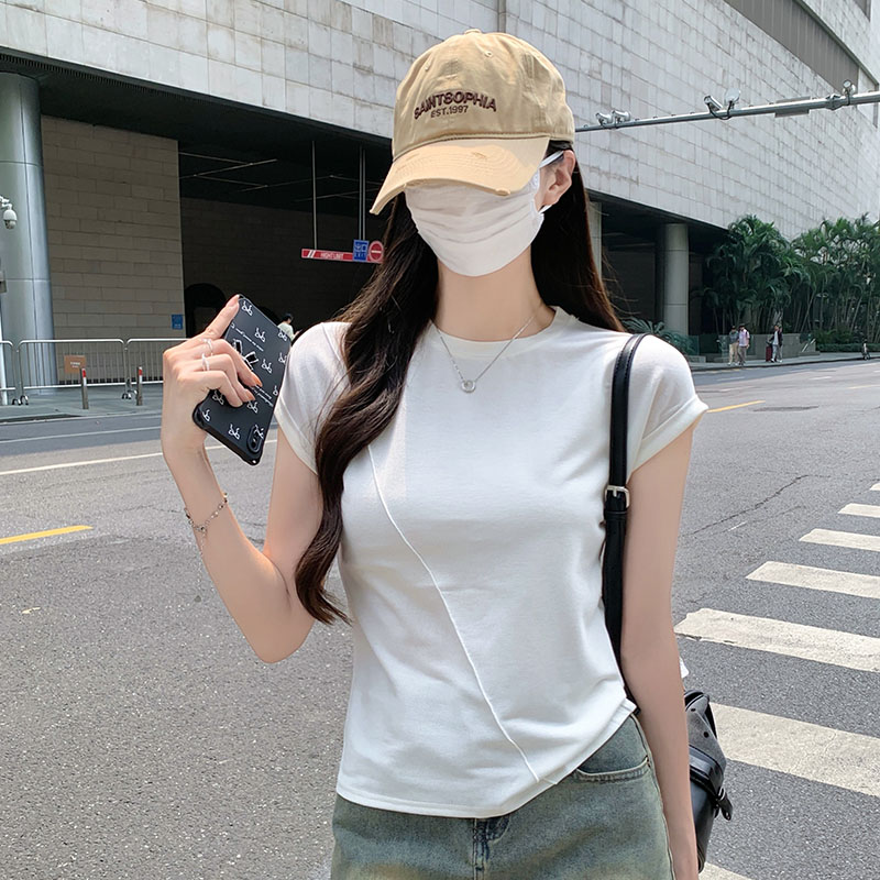 實拍實價圓領正肩短袖t恤女夏季2026新款飛飛袖休閑百搭寬松上衣