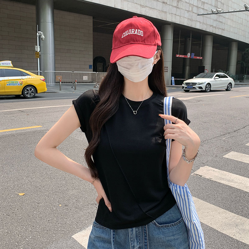 實拍實價圓領正肩短袖t恤女夏季2026新款飛飛袖休閑百搭寬松上衣
