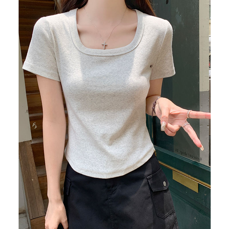 實拍實價方領短袖t恤女ins夏季半袖體恤法式露鎖骨短款上衣