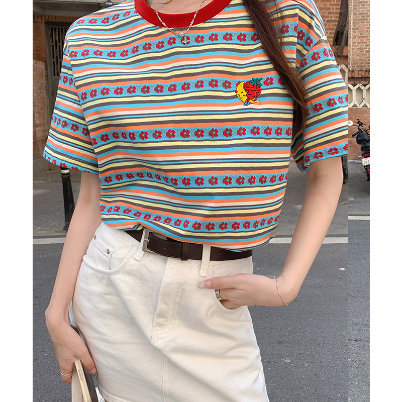 實價實拍條紋美式復古正肩短袖t恤女夏季體恤寬松上衣2026新款