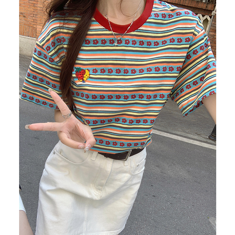 實價實拍條紋美式復古正肩短袖t恤女夏季體恤寬松上衣2026新款