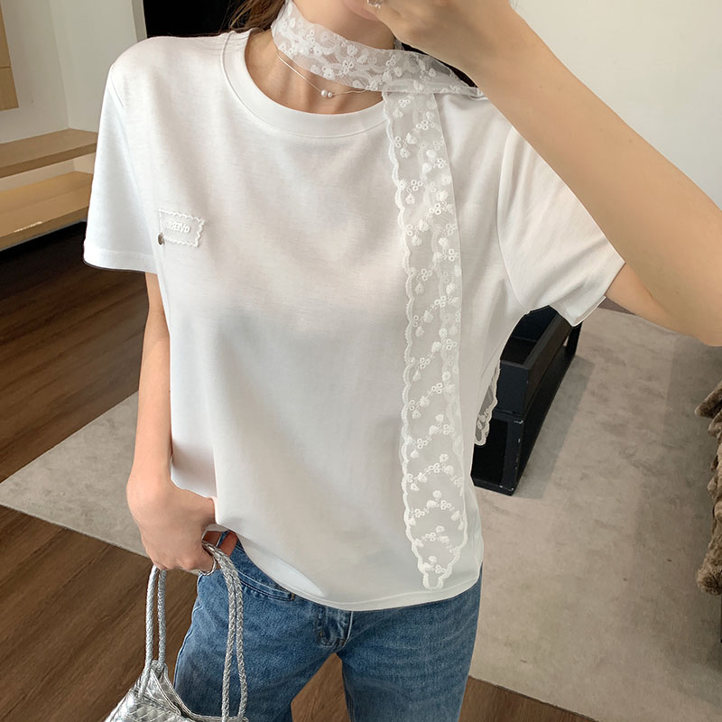 實拍實價白色蕾絲飄帶短袖t恤女2026新款設計感百搭圓領寬松上衣