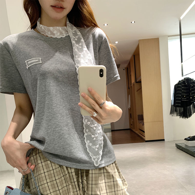 實拍實價白色蕾絲飄帶短袖t恤女2026新款設計感百搭圓領寬松上衣