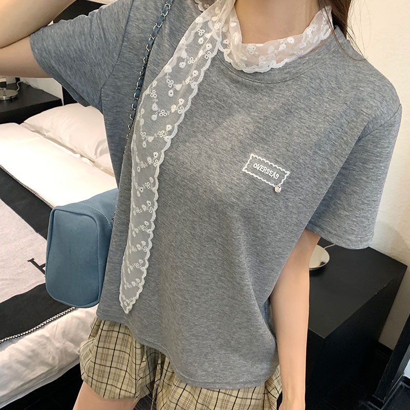 實拍實價白色蕾絲飄帶短袖t恤女2026新款設計感百搭圓領寬松上衣
