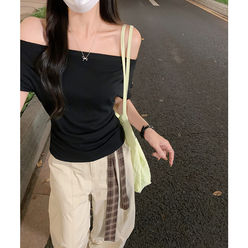 實拍實價#黑色斜肩短袖t恤女2026夏季設計感寬松顯瘦不規則收腰