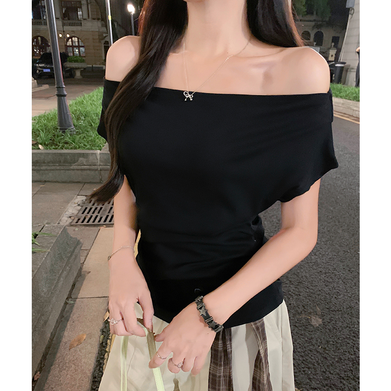 實拍實價#黑色斜肩短袖t恤女2026夏季設計感寬松顯瘦不規則收腰