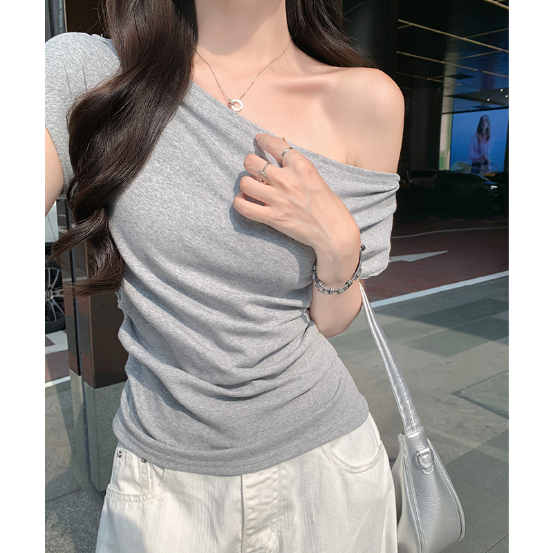 實拍實價#黑色斜肩短袖t恤女2026夏季設計感寬松顯瘦不規則收腰