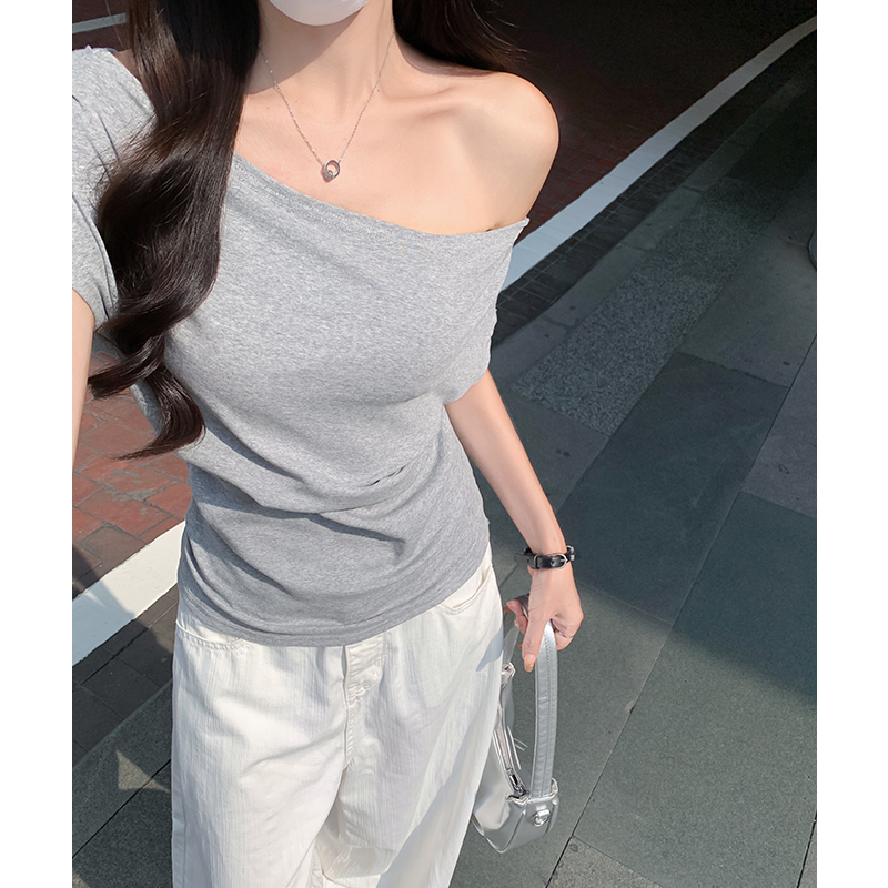 實拍實價#黑色斜肩短袖t恤女2026夏季設計感寬松顯瘦不規則收腰