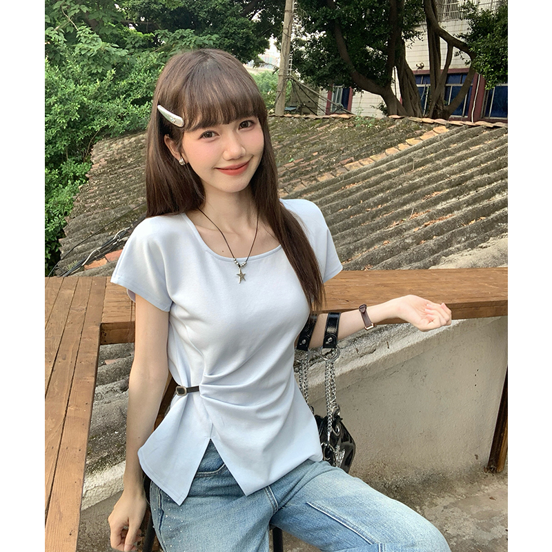 實拍實價#白色方領正肩短袖t恤女夏褶皺收腰顯瘦寬松不規則中長款