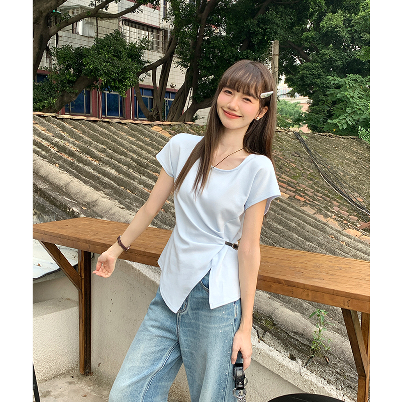 實拍實價#白色方領正肩短袖t恤女夏褶皺收腰顯瘦寬松不規則中長款