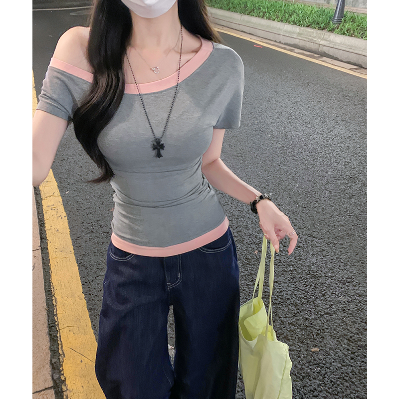 實拍實價#斜肩短袖t恤女2025夏顯瘦修身美式辣妹單肩露肩灰色上衣