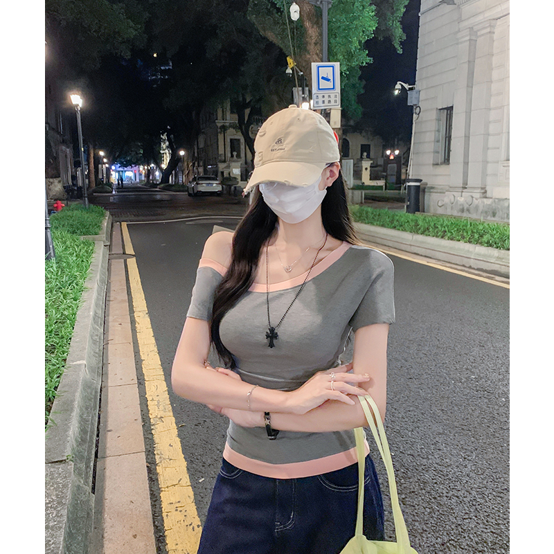 實拍實價#斜肩短袖t恤女2025夏顯瘦修身美式辣妹單肩露肩灰色上衣