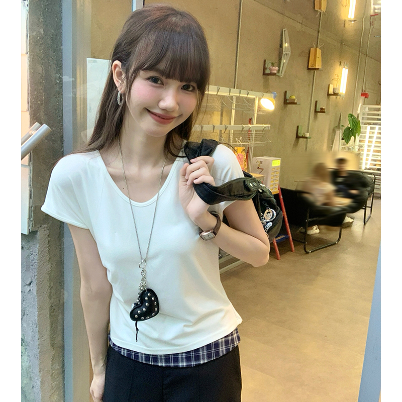 實拍實價#白色不規則v領正肩短袖t恤女2026新款顯瘦寬松體恤收腰