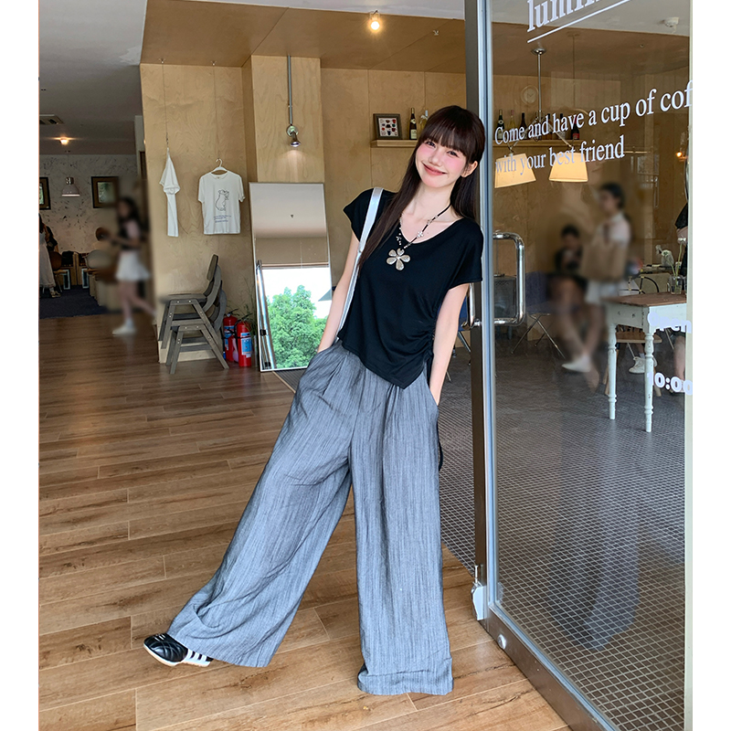 實拍實價#白色不規則v領正肩短袖t恤女2026新款顯瘦寬松體恤收腰
