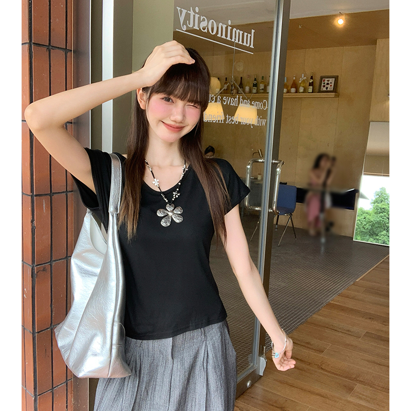 實拍實價#白色不規則v領正肩短袖t恤女2026新款顯瘦寬松體恤收腰