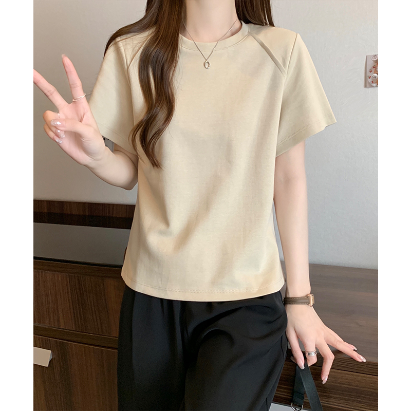 實拍實價正肩短袖t恤女夏新款墊肩設計感魚骨別致純棉寬松上衣女