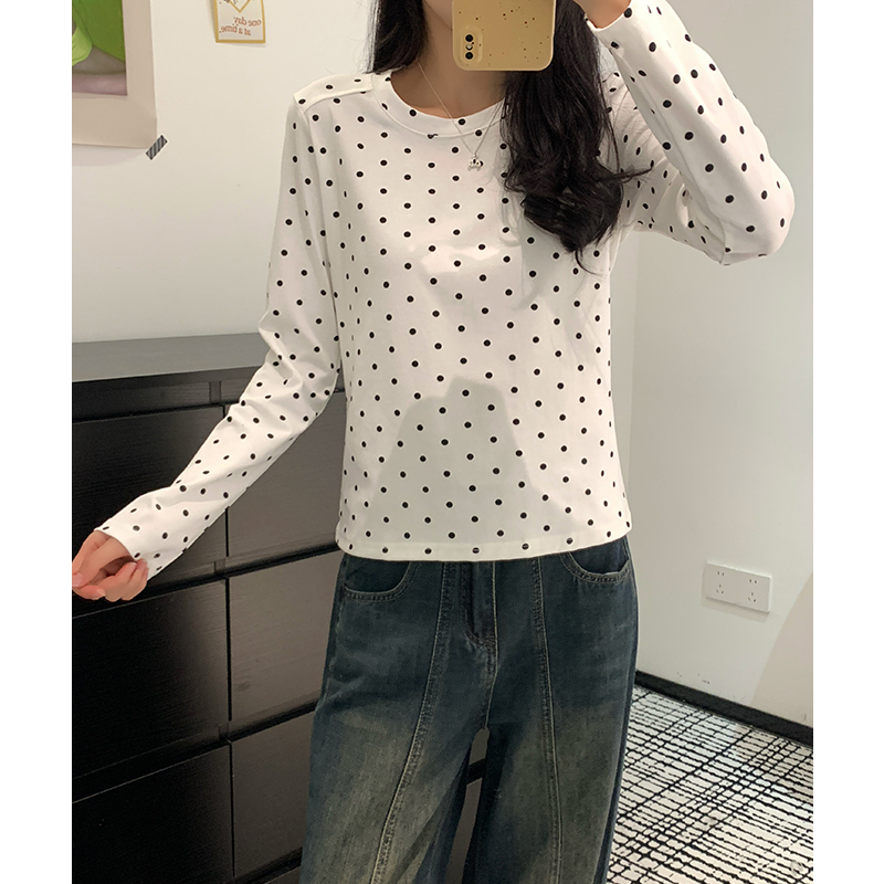 實價實拍#波點灰色正肩長袖t恤女春秋季2026新款打底衫內搭上衣