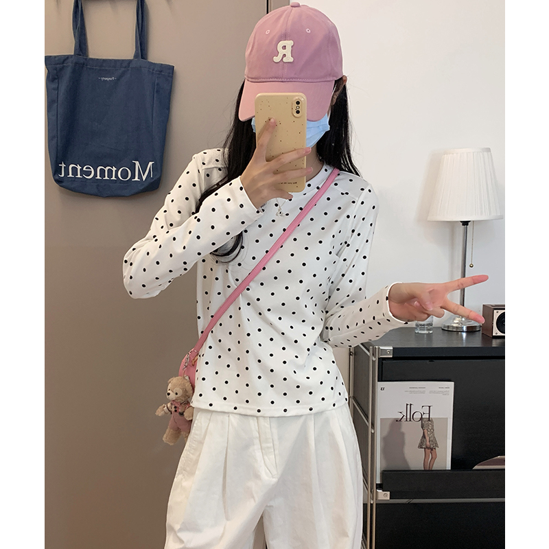 實價實拍#波點灰色正肩長袖t恤女春秋季2026新款打底衫內搭上衣