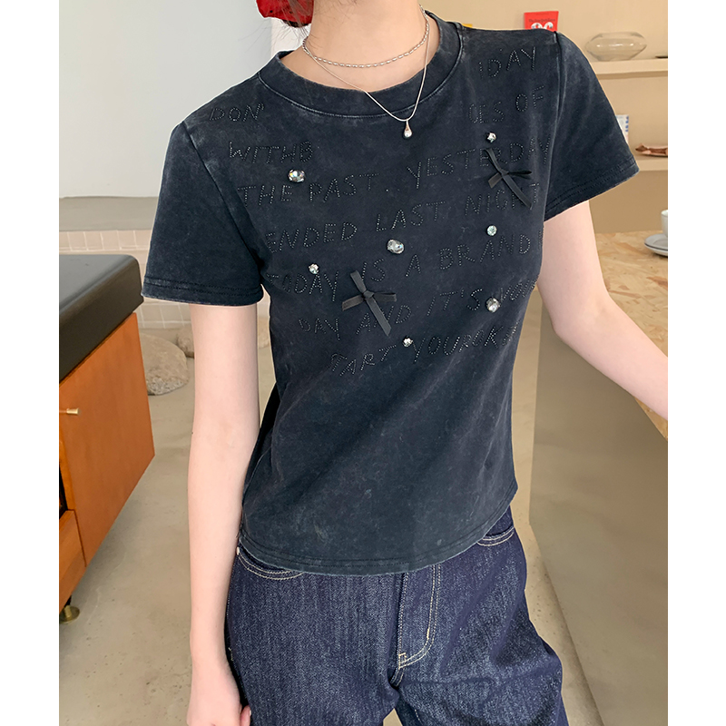 蝴蝶結鑲鉆純棉正肩短袖t恤女2026年夏季洋氣別致上衣修身顯瘦