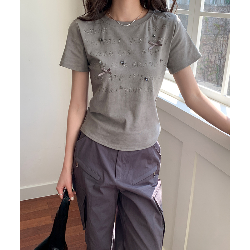 蝴蝶結鑲鉆純棉正肩短袖t恤女2026年夏季洋氣別致上衣修身顯瘦