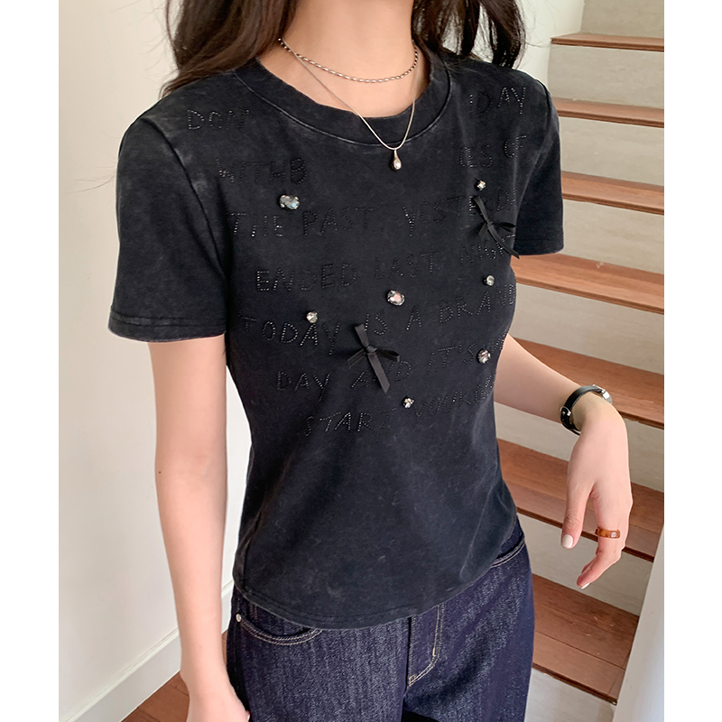 蝴蝶結鑲鉆純棉正肩短袖t恤女2026年夏季洋氣別致上衣修身顯瘦