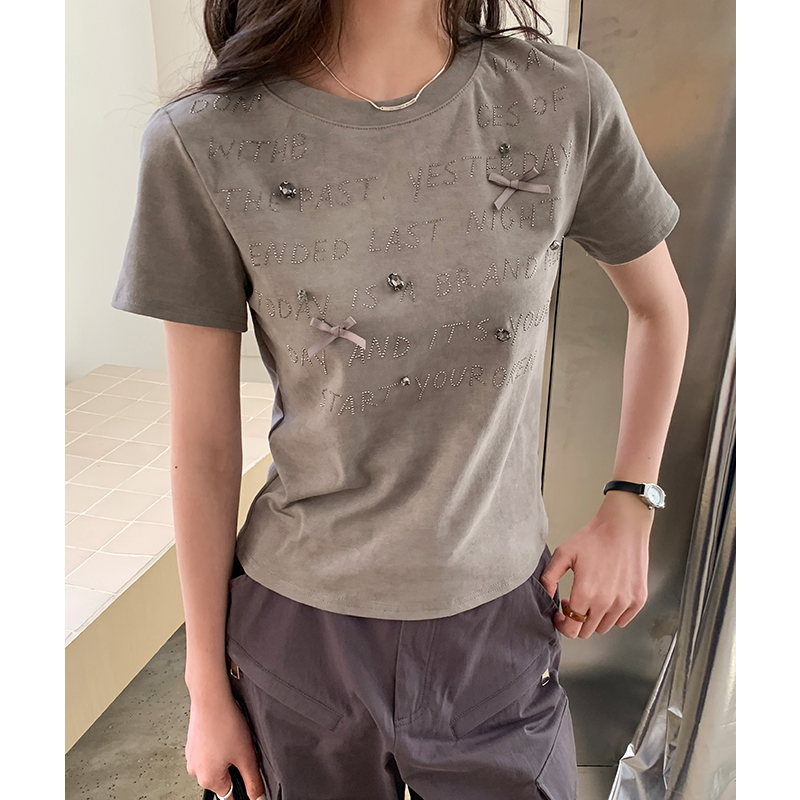 蝴蝶結鑲鉆純棉正肩短袖t恤女2026年夏季洋氣別致上衣修身顯瘦