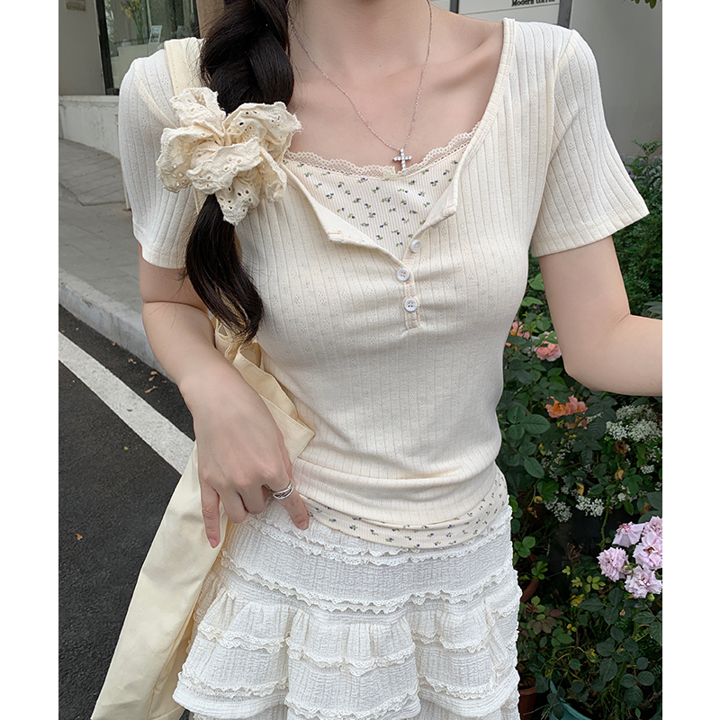 實拍實價#碎花假兩件正肩短袖t恤女2026新款設計感小眾短款上衣潮