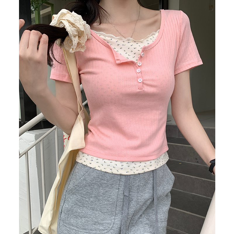 實拍實價#碎花假兩件正肩短袖t恤女2026新款設計感小眾短款上衣潮