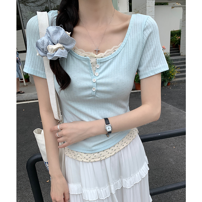 實拍實價#碎花假兩件正肩短袖t恤女2026新款設計感小眾短款上衣潮
