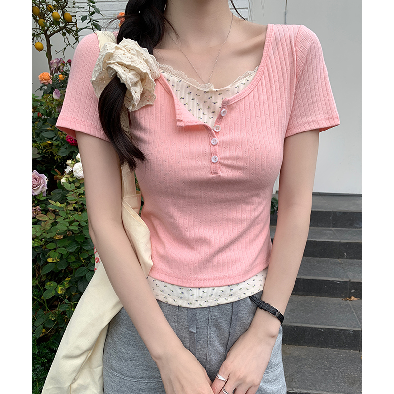 實拍實價#碎花假兩件正肩短袖t恤女2026新款設計感小眾短款上衣潮