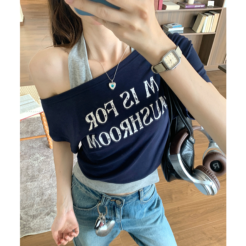 實拍實價#斜肩短袖t恤女2026新款春季美式復古撞色拼接不規則性感