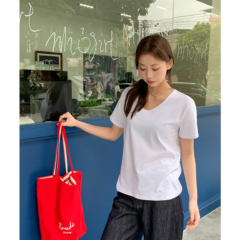 實拍實價V領短袖t恤女韓系寬松2026夏季新款純色打底衫內搭體恤