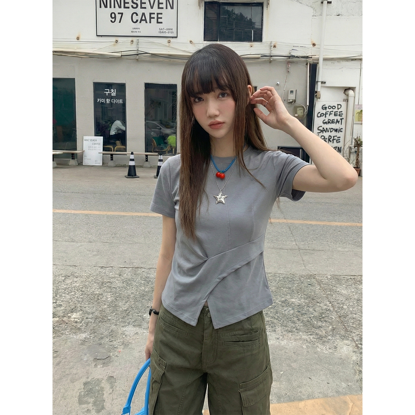 實拍實價#開叉t恤女短袖夏裝2026新款魚骨設計感上衣體恤潮