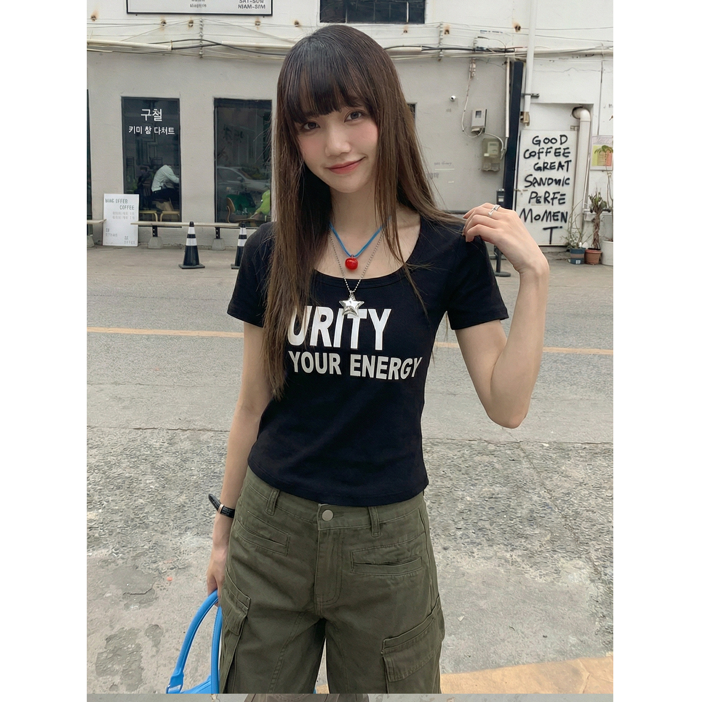 實價實拍#美式復古字母純棉正肩u領短袖t恤女夏季小個子短款上衣