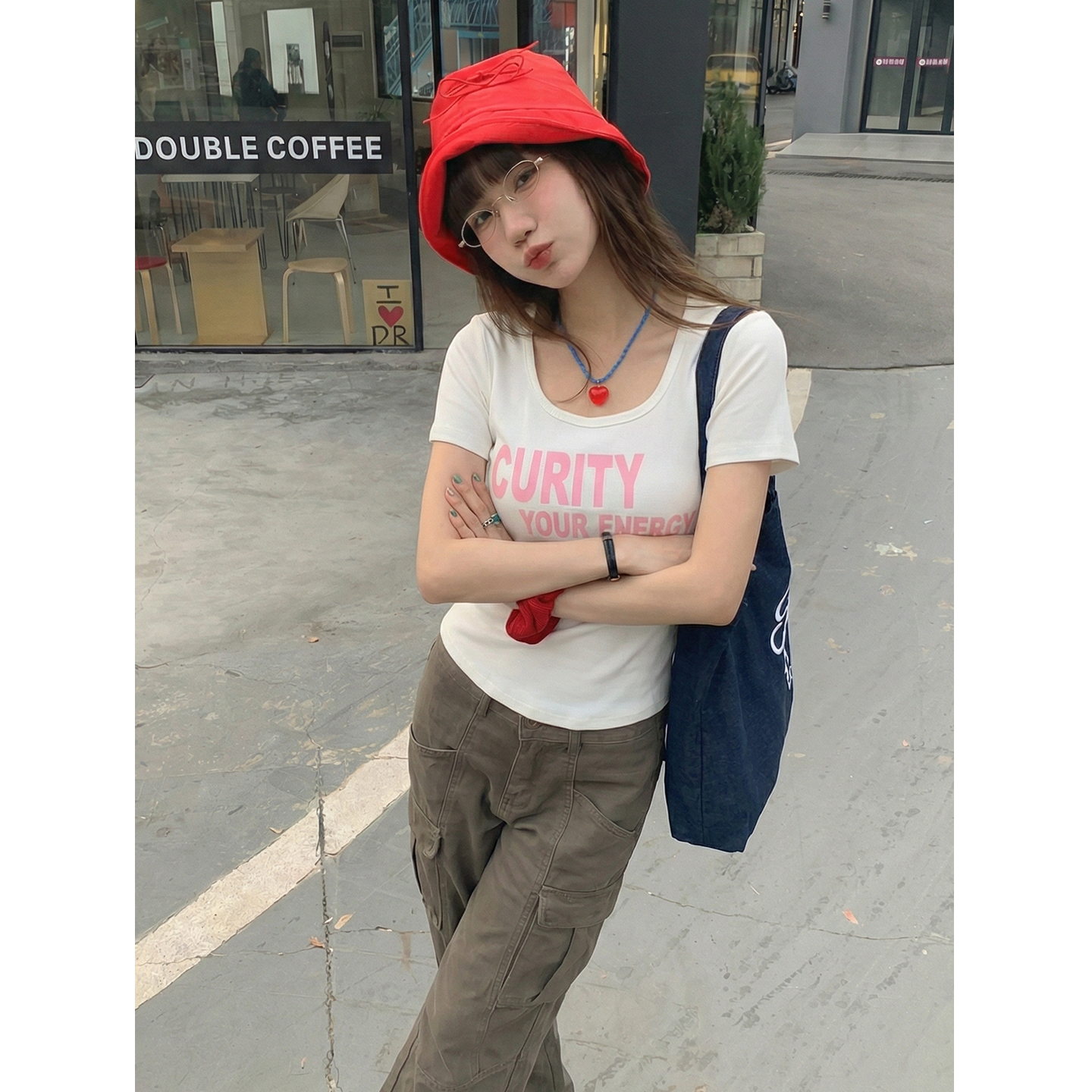 實價實拍#美式復古字母純棉正肩u領短袖t恤女夏季小個子短款上衣