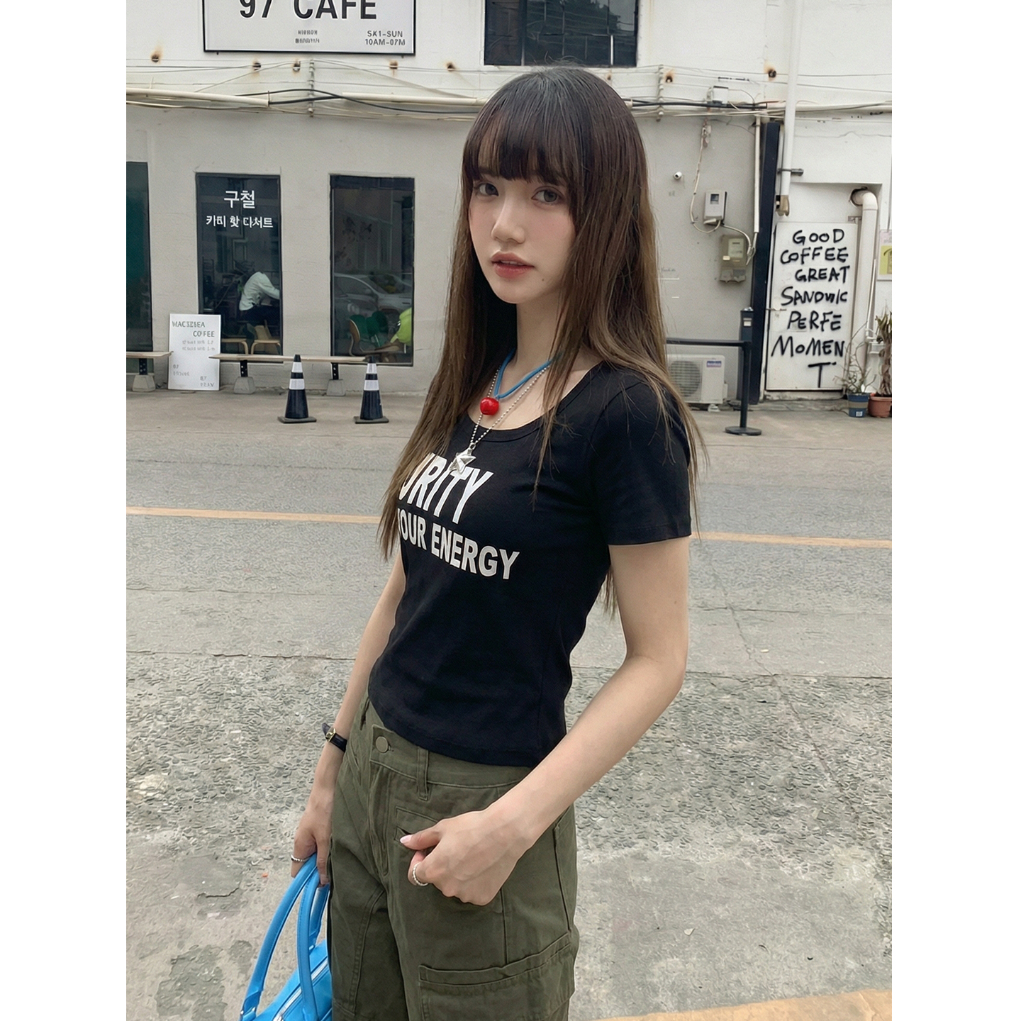 實價實拍#美式復古字母純棉正肩u領短袖t恤女夏季小個子短款上衣