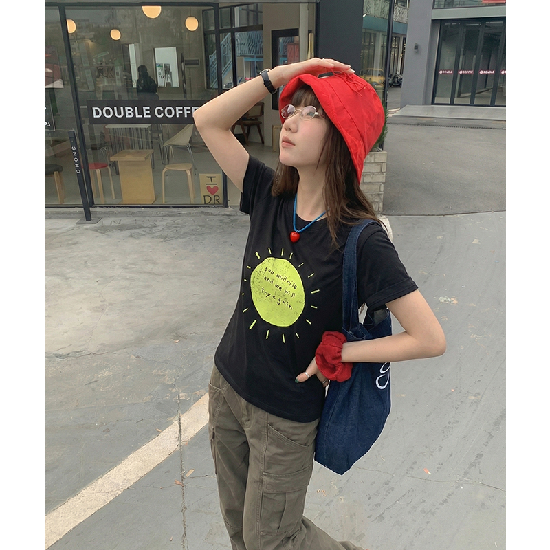 實拍實價#歐貨正肩寬松女t恤短袖夏季2026新款印花顯瘦上衣女