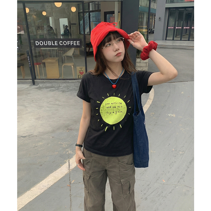 實拍實價#歐貨正肩寬松女t恤短袖夏季2026新款印花顯瘦上衣女