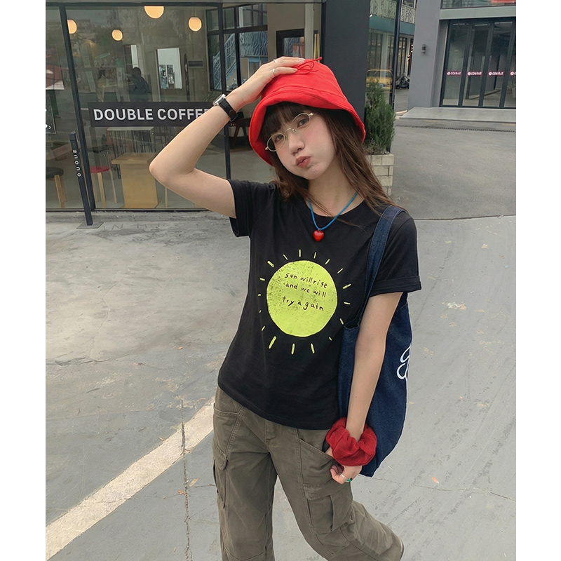 實拍實價#歐貨正肩寬松女t恤短袖夏季2026新款印花顯瘦上衣女