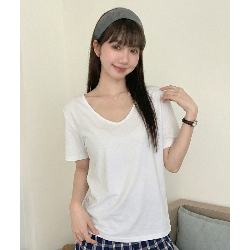 實拍實價V領短袖t恤女韓系寬松2026夏季新款純色打底衫內搭體恤