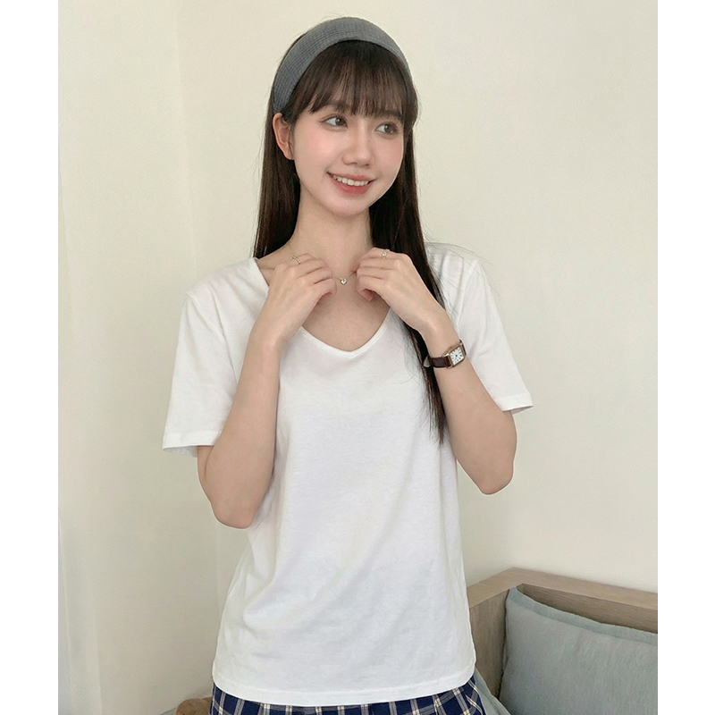 實拍實價V領短袖t恤女韓系寬松2026夏季新款純色打底衫內搭體恤