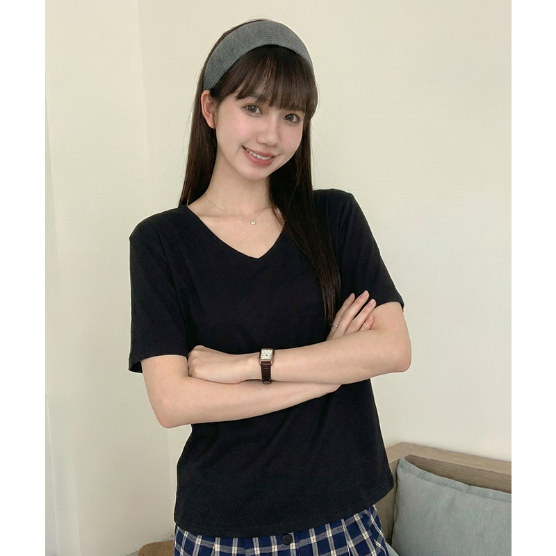 實拍實價V領短袖t恤女韓系寬松2026夏季新款純色打底衫內搭體恤