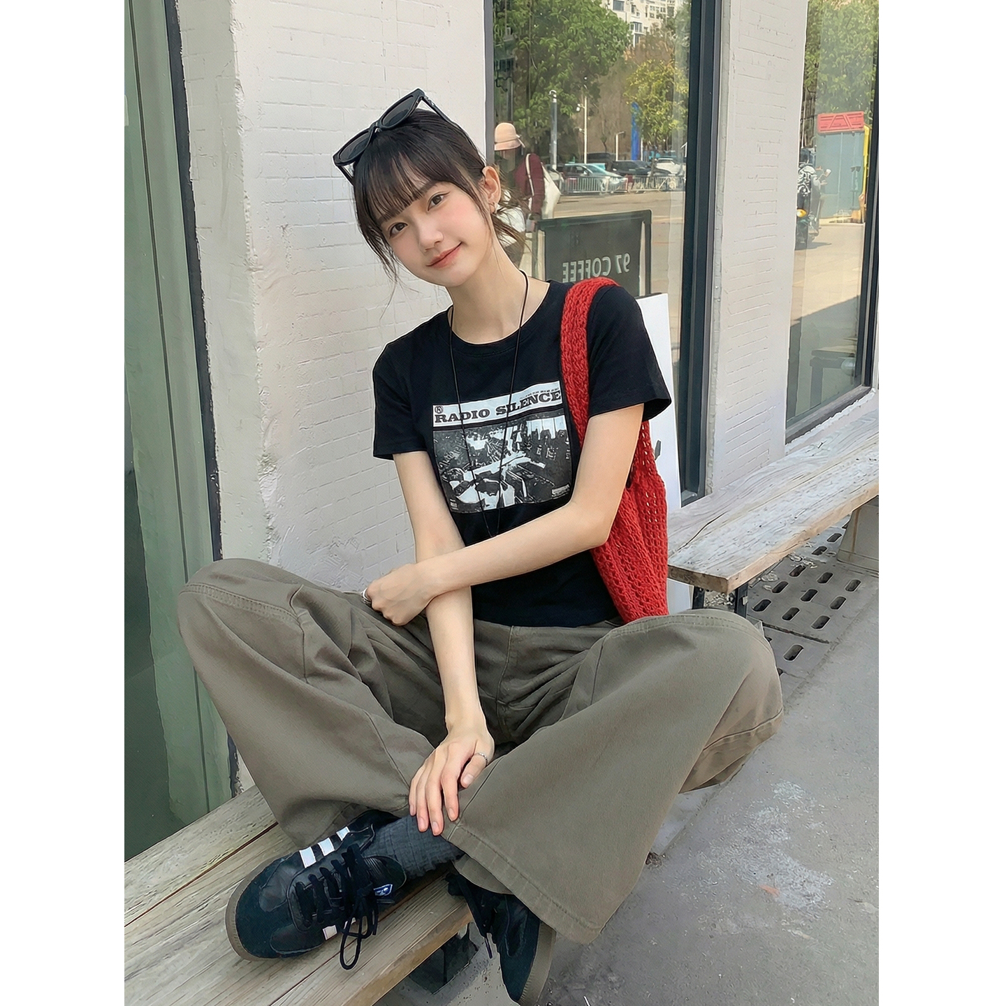 實拍實價#正肩短袖t恤女ins夏季復古美式印花辣妹短款上衣女